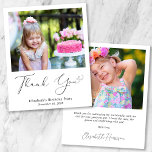 Budget Heart Script Photo Birthday Thank You Card<br><div class="desc">Budget-friendly thank you card for her birthday party featuring her photo and "Thank You" in an elegant contemporary script with a heart swash. Personalize with her first name and the event date in simple modern typography. On the reverse side, add an additional photo, her customized thank you message and her...</div>