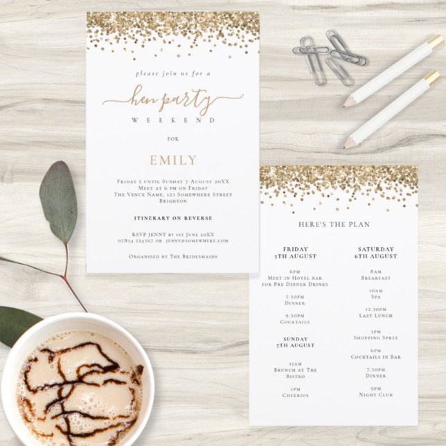 Budget Hen Weekend Gold Glitter Itinerary Invite (Creator Uploaded)