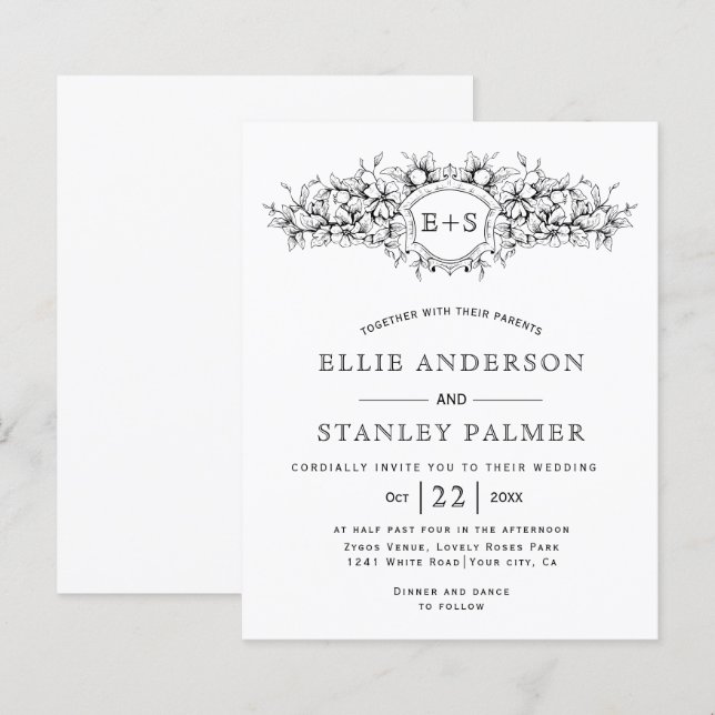 BUDGET Heraldic crest, initials wedding invitation (Front/Back)