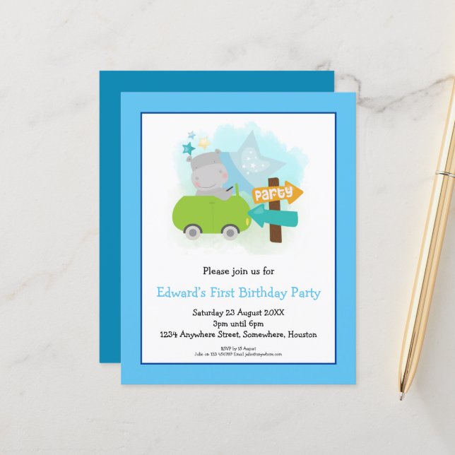 Budget Hippo Toddler 1st Birthday Party Invitation (Front/Back In Situ)
