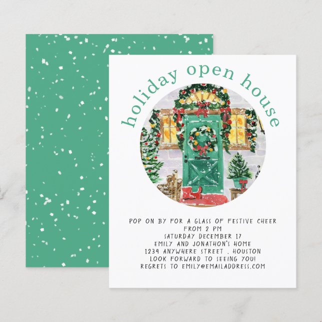 Budget Holiday Open House Party Teal Invite (Front/Back)