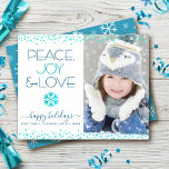 Budget Holiday Photo Turquoise Peace Joy Love Card<br><div class="desc">“Peace, joy & love.” A fun, playful, turquoise blue faux foil snowflake illustration, confetti dots, and turquoise and navy blue modern typography on a clean, white background, along with the custom photo of your choice, help you usher in the holiday season. A random white snowflake pattern overlays turquoise blue on...</div>