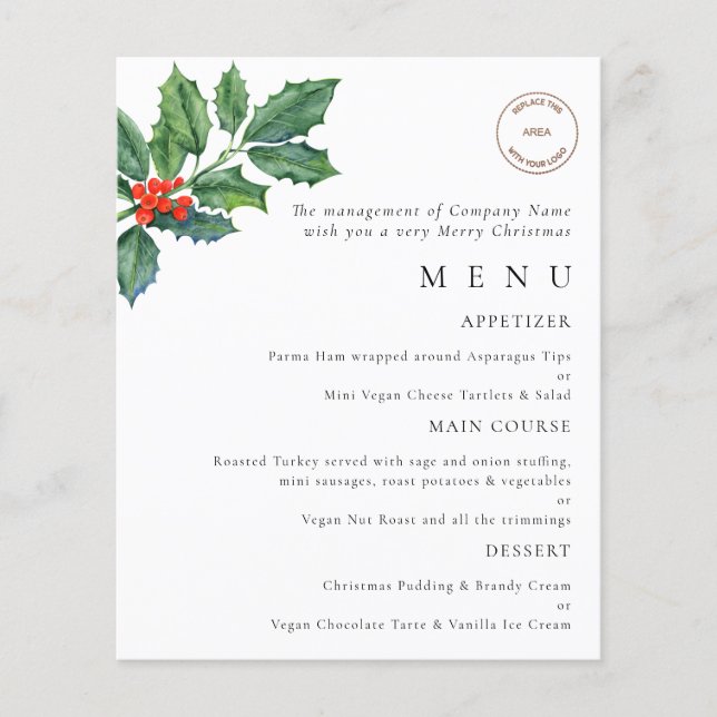 Budget Holly Berries Logo Christmas Party Menu (Front)