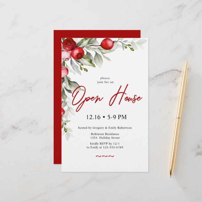 Budget Holly Berry Holiday Party Invitation Statio Stationery (Front/Back In Situ)