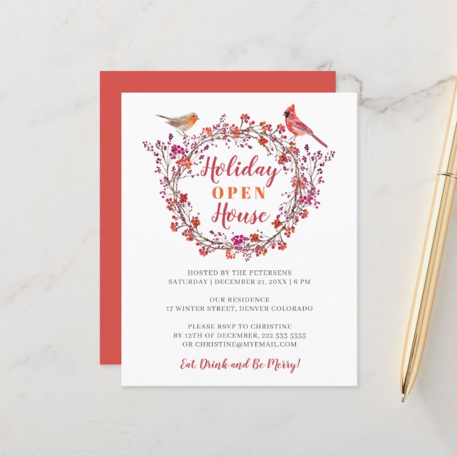 Budget holly berry wreath holiday party invitation (Front/Back In Situ)