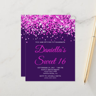 Budget Hot Pink Glitter Purple Sweet 16 Invite