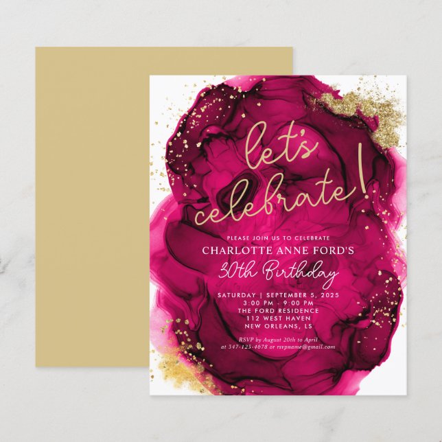 Budget Hot Pink Gold Glitter Alcohol Ink Birthday (Front/Back)