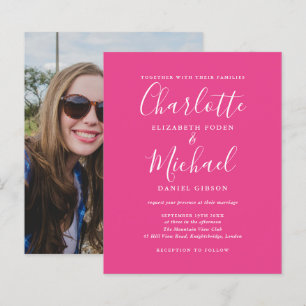 Budget Hot Pink Script Photo Wedding Invitation