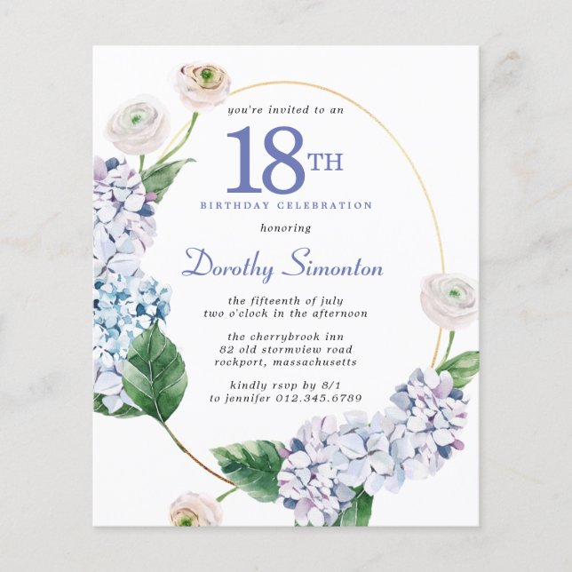 Budget Hydrangea Rose 18th Birthday Invitation (Front)