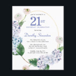 Budget Hydrangea Rose 21st Birthday Invitation<br><div class="desc">Blue hydrangea flowers and blush roses decorate a gold oval frame. An open and airy modern botanical.</div>