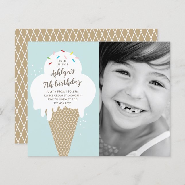Budget Ice cream cone kids birthday invitation (Front/Back)