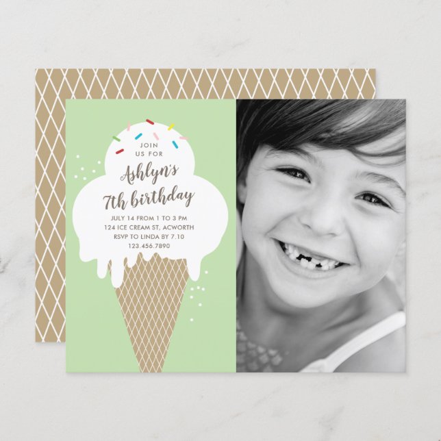 Budget Ice cream cone kids birthday invitation (Front/Back)