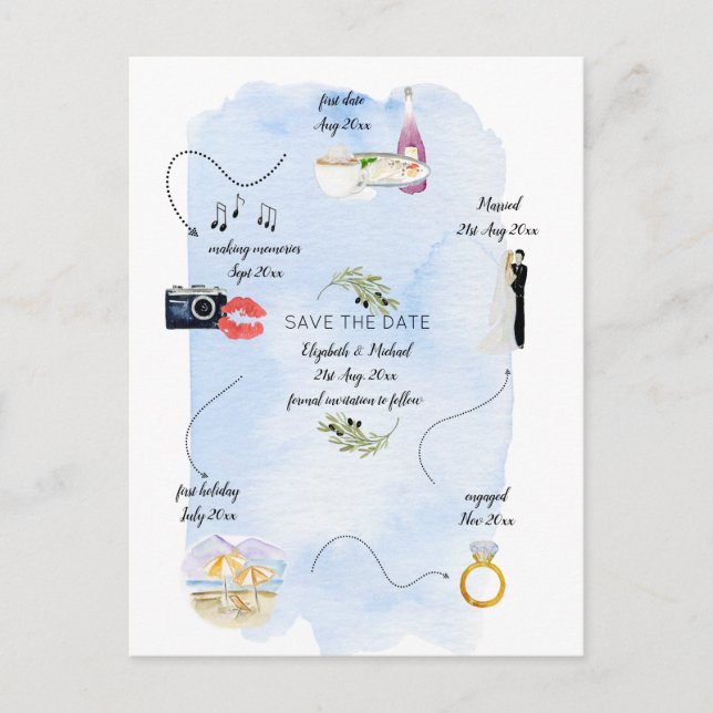 Budget Illustrated Timeline Save The Date Postcard (Front)