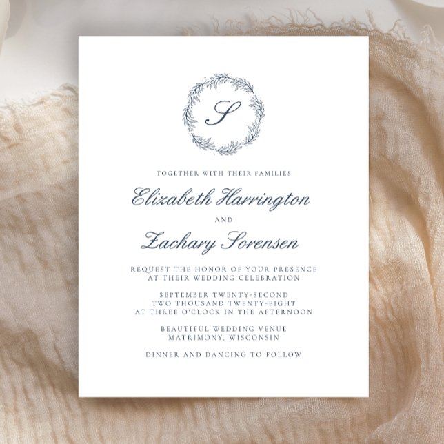 Budget Indigo Blue Monogram Wreath Script Wedding (Creator Uploaded)