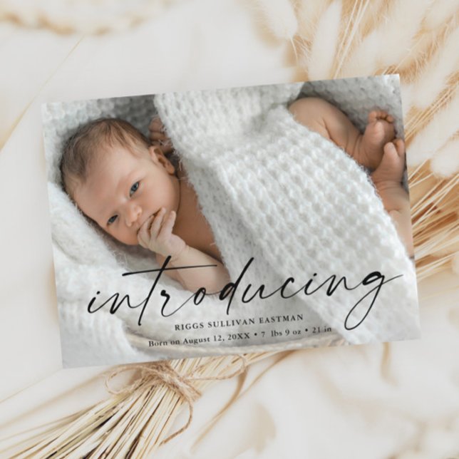 Budget Introducing Baby Photo Thank You Card (Modern script introducing budget baby photo birth announcement thank you.)