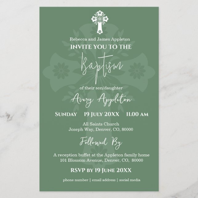 Budget Invitation Floral Cross Baptism Fern Green Flyer (Front)