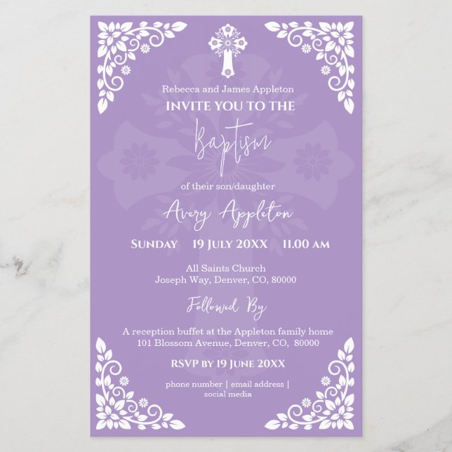 Budget Invitation Floral Cross Baptism Lilac Flyer (Front)
