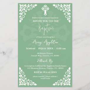 Budget Invitation Floral Cross Baptism Sage Green Flyer