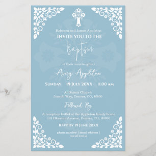 Budget Invitation Floral Cross Baptism Sky Blue Flyer