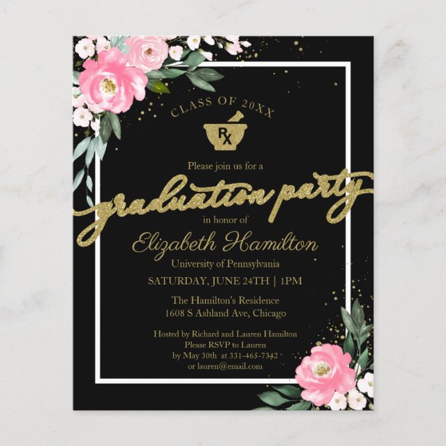 Budget Invitation Pharmacy Grad Party Floral Black (Front)