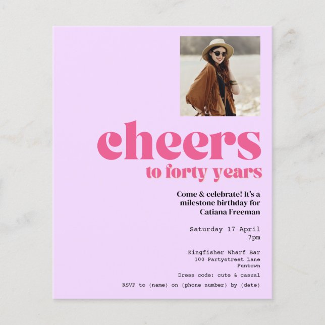 Budget Invitation, Retro Purple 40th birthday Flyer (Front)