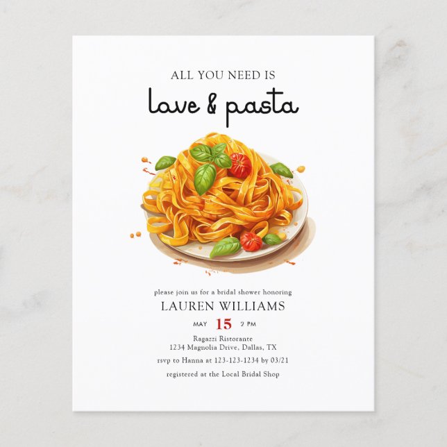 Budget Italian Love And Pasta Bridal Shower Invite (Front)