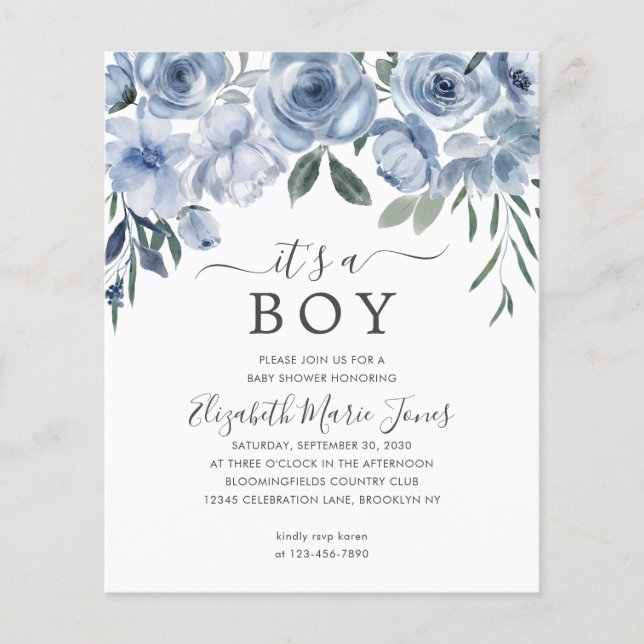 Budget It's a Boy Dusty Blue Floral Baby Shower (Front)