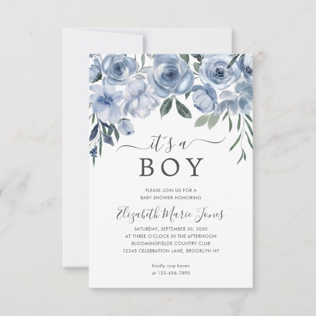 Budget It's a Boy Dusty Blue Floral Baby Shower Card (Front)