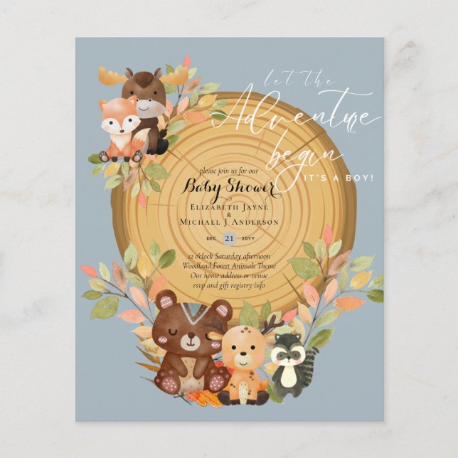 BUDGET It's A Boy WOODLAND ANIMALS Baby Shower     Flyer (Front)