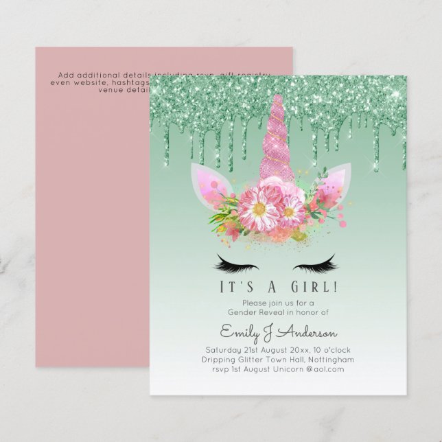 BUDGET It's A Girl Glittery Unicorn Baby Shower (Front/Back)