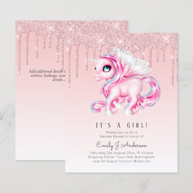 BUDGET It's A Girl Glittery Unicorn Baby Shower (Front/Back)