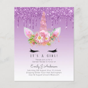 BUDGET It's A Girl Glittery Unicorn Baby Shower Flyer