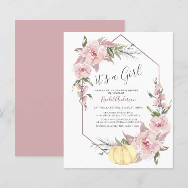 Budget It's a Girl Pumpkin Baby Shower Invitation (Front/Back)