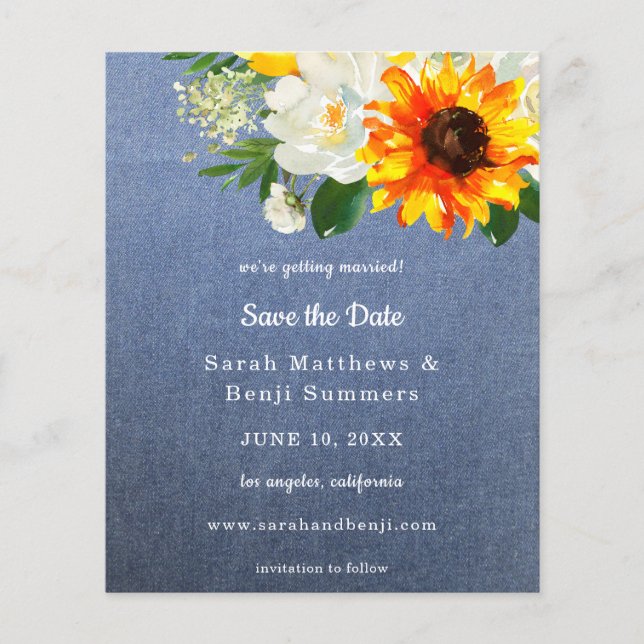 Budget Jean Sunflower & White Floral Save the Date Flyer (Front)