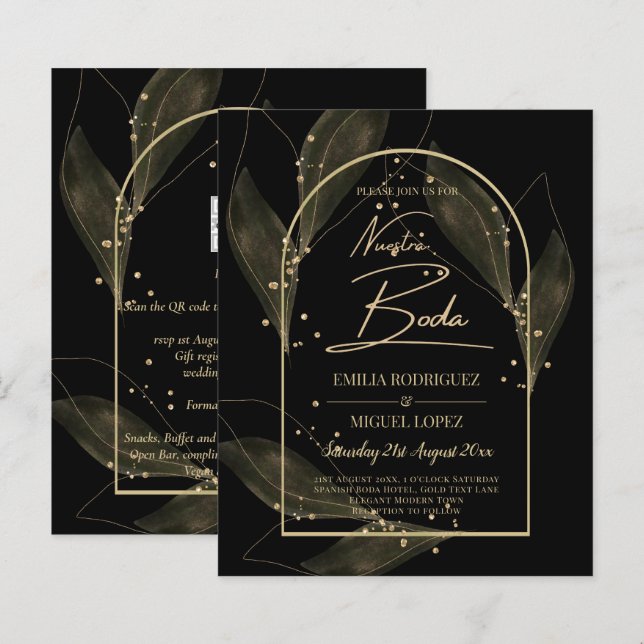 BUDGET Jet Black Gold Feuilles mariage INVITE (Devant / Derrière)