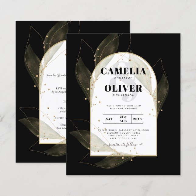 BUDGET Jet Black Gold Feuilles mariage INVITE (Devant / Derrière)
