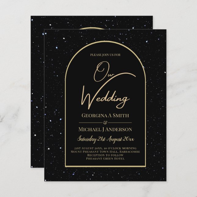 BUDGET Jet BLACK GOLD Starry Night Wedding INVITE (Front/Back)