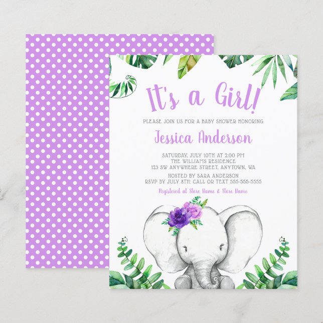 Budget Jungle Elephant Girl Purple Baby Shower (Front/Back)