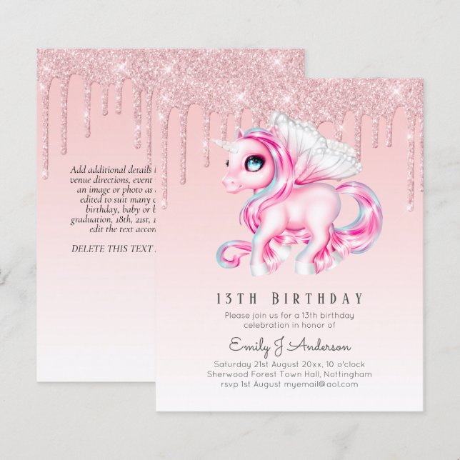 BUDGET Kids Birthday Invite Pink Unicorn (Front/Back)
