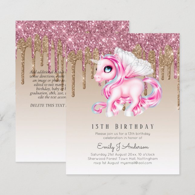 BUDGET Kids Birthday Invite Pink Unicorn (Front/Back)