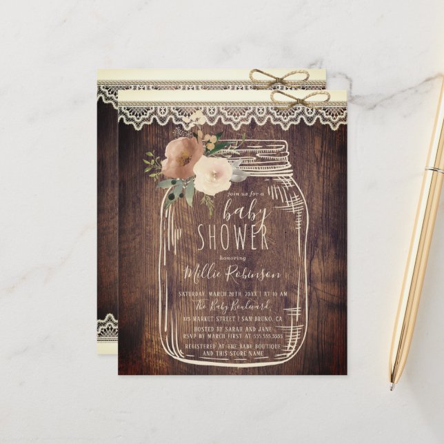 Budget Lace & Twine Floral Mason Jar Baby Shower (Front/Back In Situ)