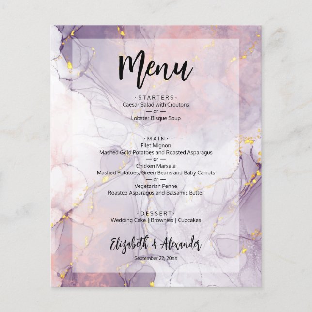 Budget Lavender Gold Marble Wedding Menu (Front)