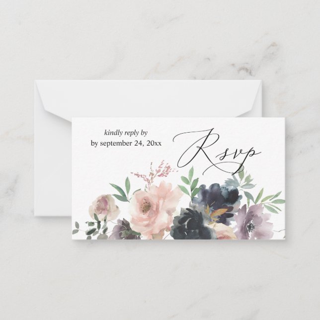 Budget Lavender, Navy, Pink Floral 2SM Meal RSVP Card (Front)
