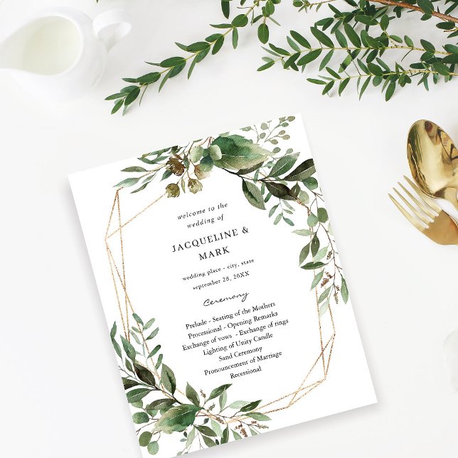 Budget Leaves & Eucalyptus Gold Wedding Ceremony  Flyer (Creator Uploaded)
