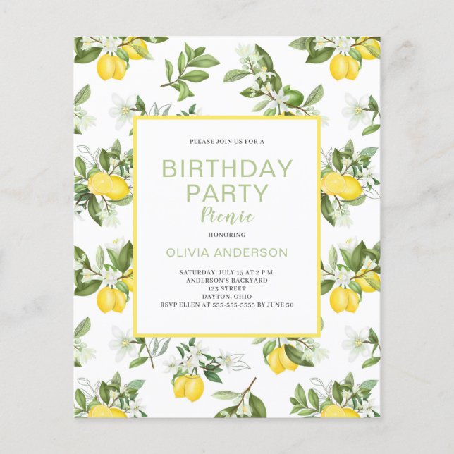 Budget Lemon Citrus Birthday Picnic Invitation   Flyer (Front)