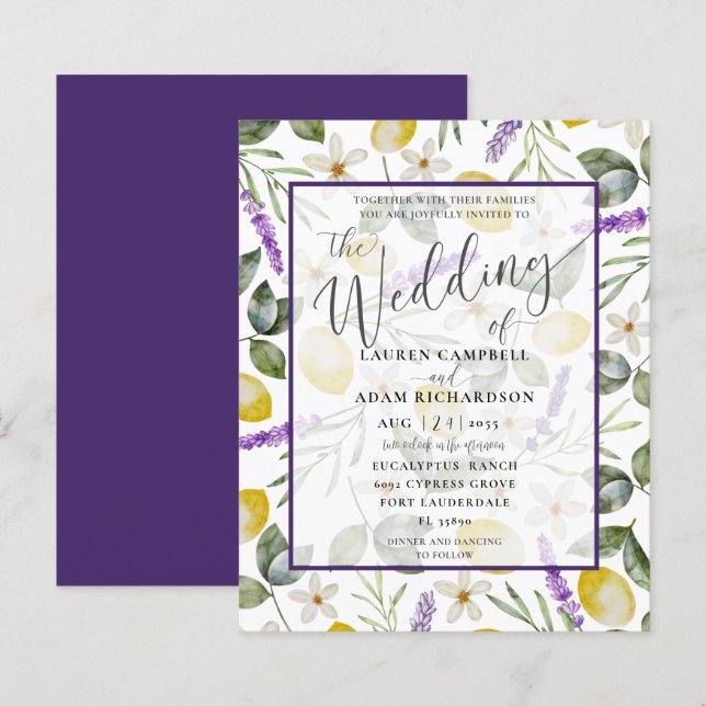 Budget Lemon & Lavender Foliage Wedding Invitation (Front/Back)