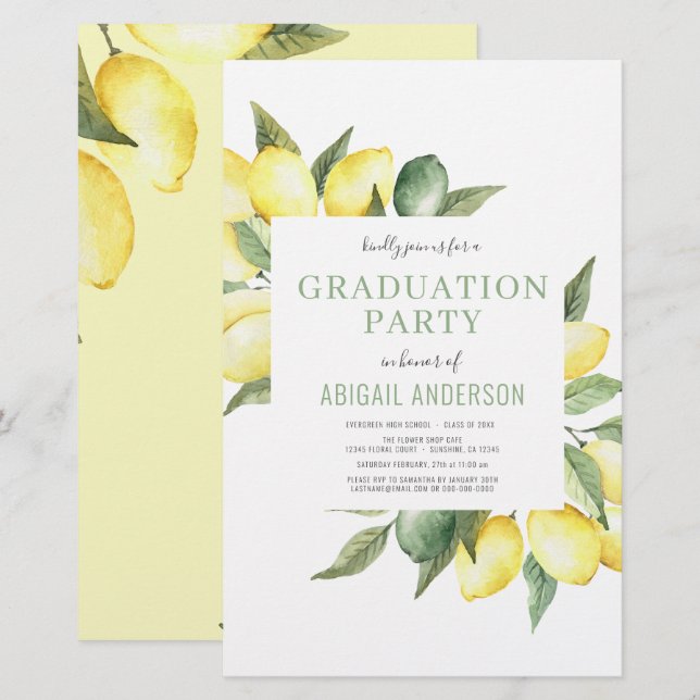 Budget Lemon Modern Grad Party 2023 Invitation (Front/Back)