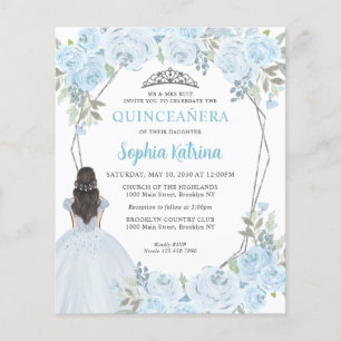 Budget Light Blue Grey Floral Princess Quinceañera