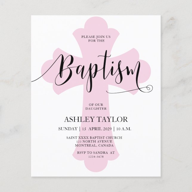 Budget Light Pink Cross Baptism invitation (Front)