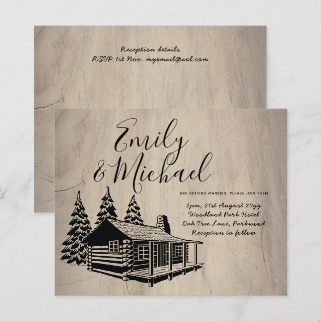 Budget Lineart Cabin in Woods Wedding Invite (Front/Back)